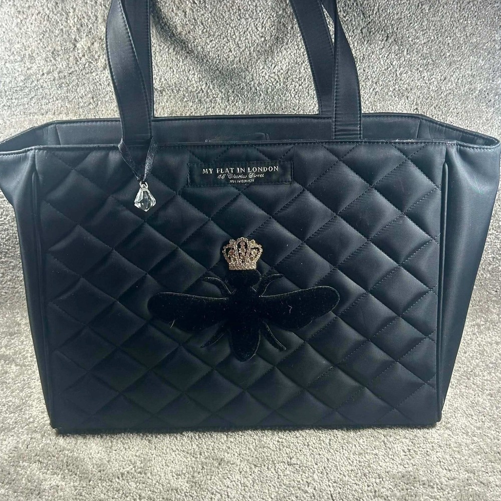 My Flat in London Tote Bag Black Quilted Velvet Bee Crown Large‎ Structured Bag